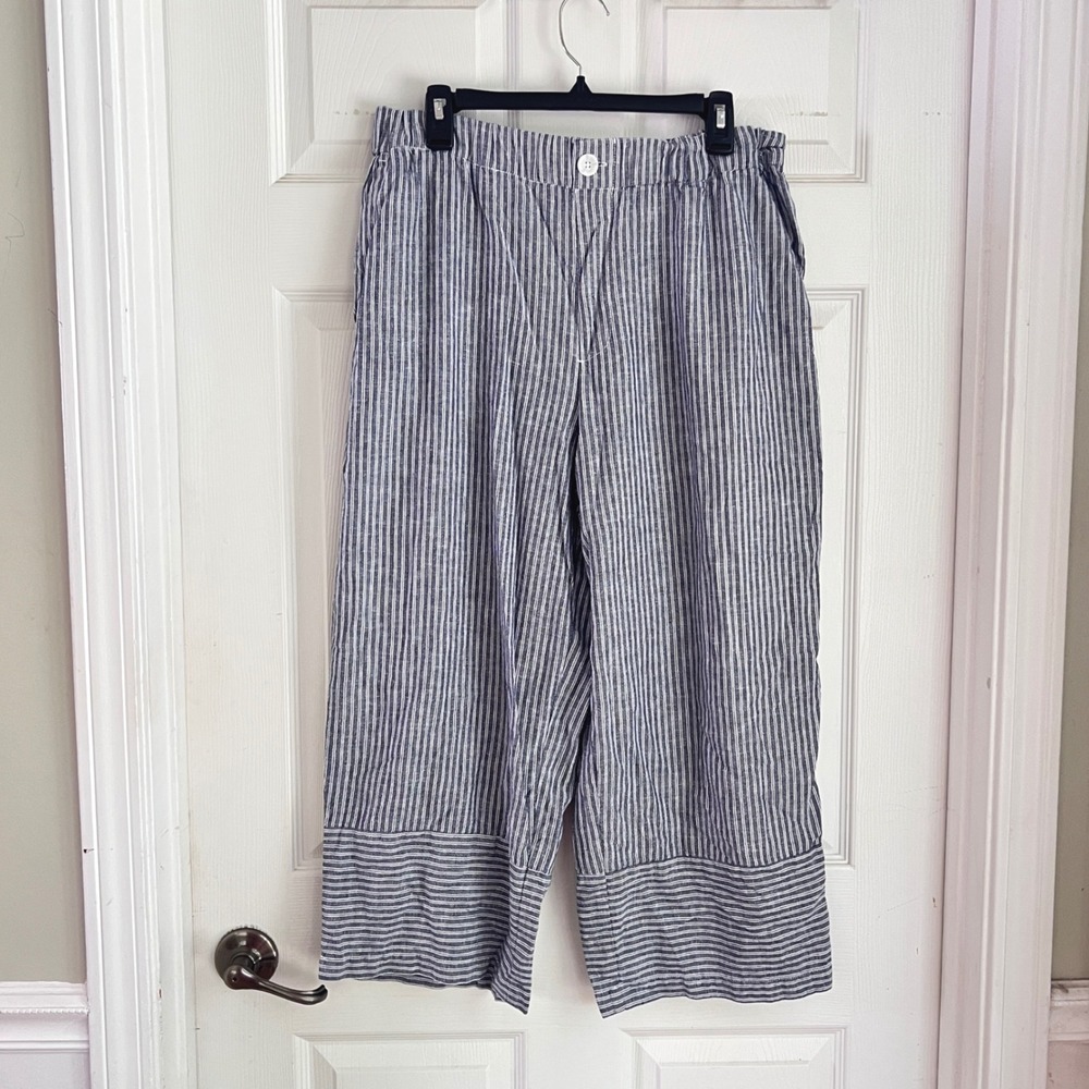Casa Cabana Striped Wide Leg Pants Large Womens Linen Blend Blue Coastal Beachy